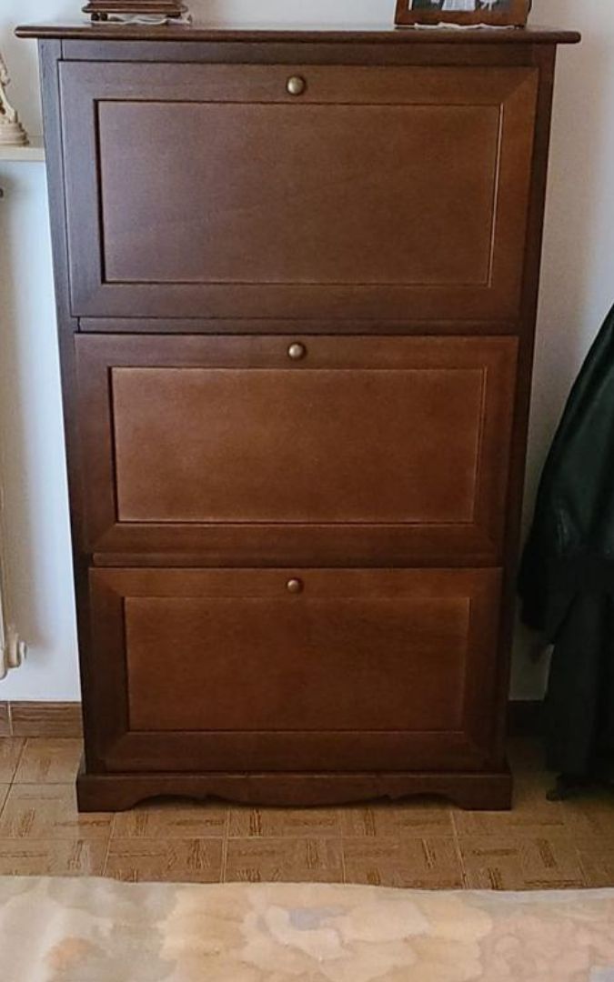 Dettaglio interno/struttura scarpiera in legno noce scuro, ideale per l'organizzazione.